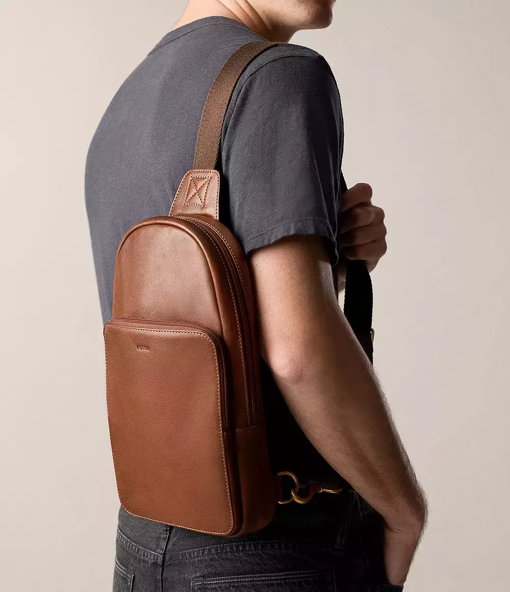 Fossil Finn Leather Sling Pack Bag Whisky Tas Selempang Pria MBG9646-212