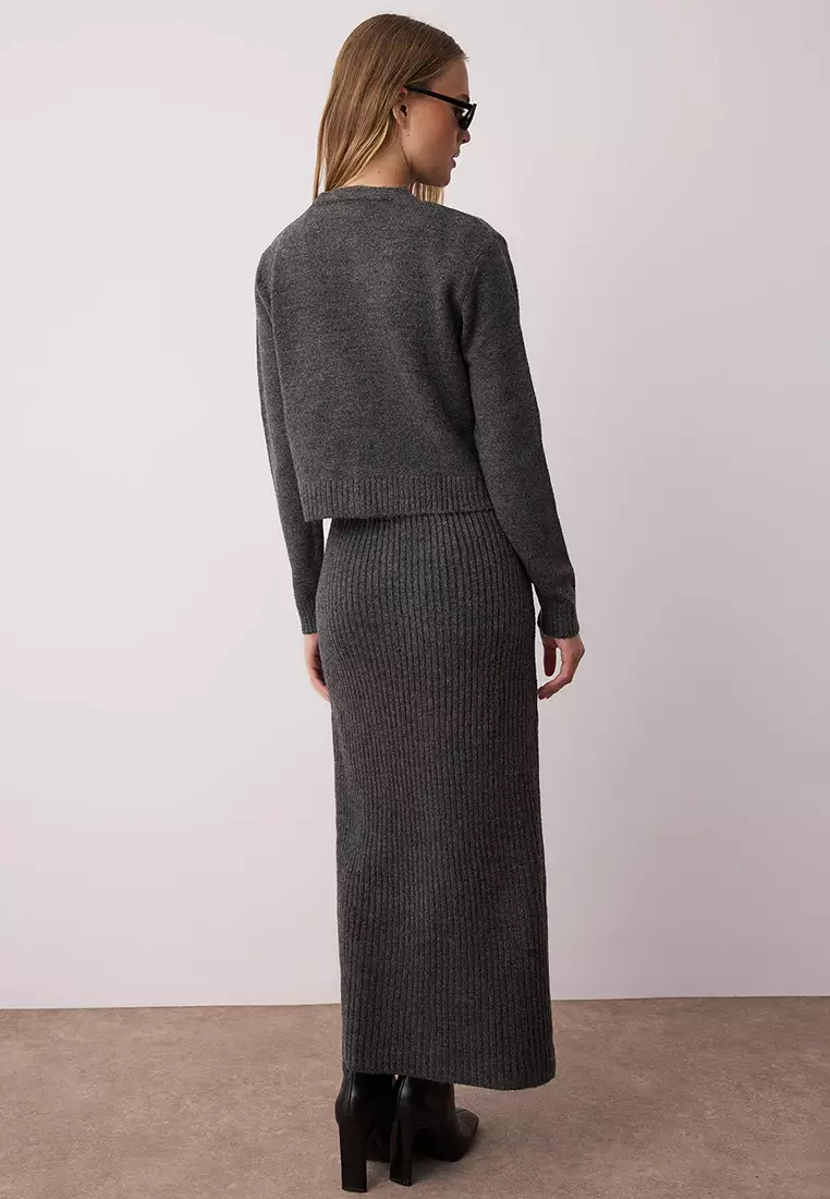 Anthracite Corded Soft Textured Knitwear Dress Cardigan Suit Tctaw25Us00049