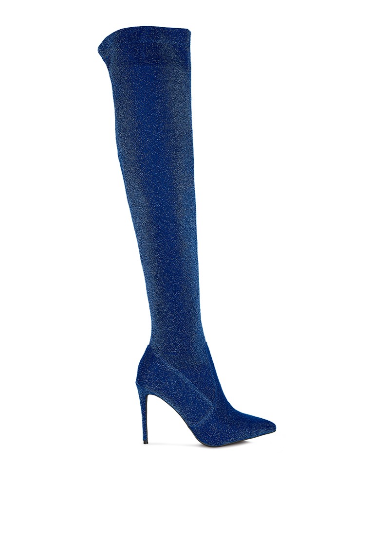 Blue High Heel Knitted Long Boots