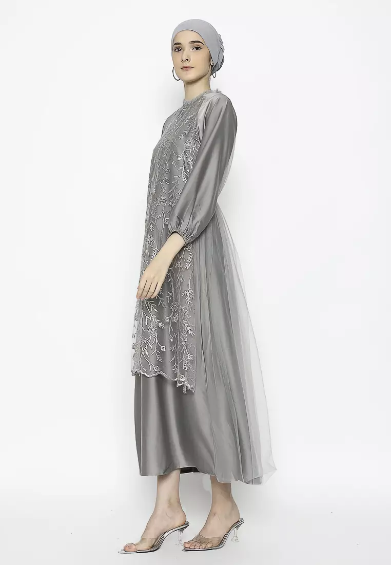 Urban Exchange Rose Gamis Grey - Long Dress Gamis Lebaran Grey Warna Grey