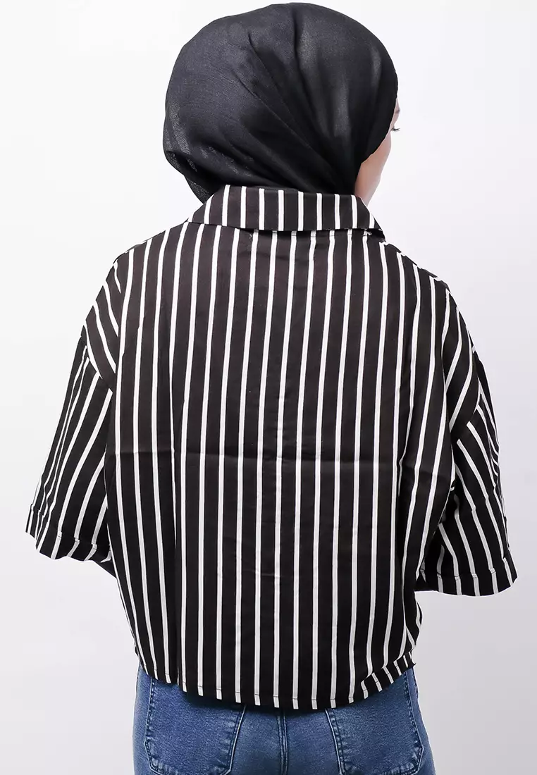 FTA57 Lkm Kemeja Oversize Wanita Tangan Pendek Tripe Putih Hitam