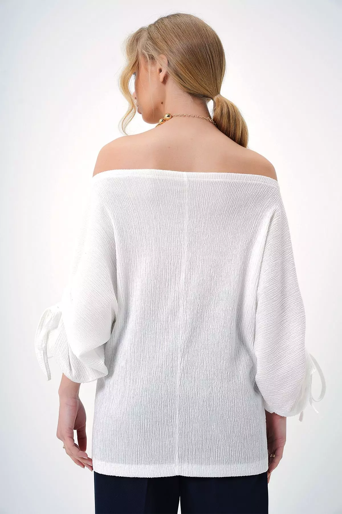 Women's White Boat Neck Knitted Crepe Blouse with Drawstring Sleeves and Lacing Detail