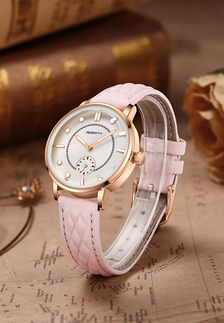 Jam Tangan Wanita Original Anggun Bercahaya Tali Kulit Mode Jam Tangan Cewek pinkwhite