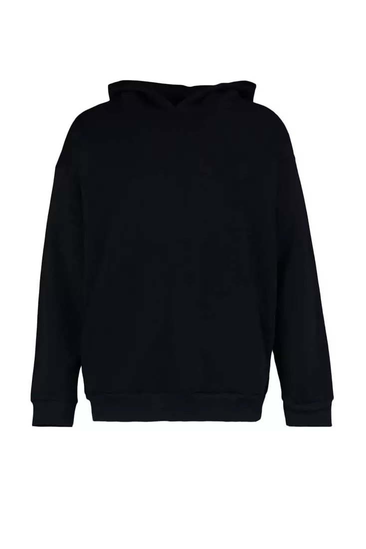 Men's Black Oversized/Wide-Cut Hoodie with Embroidery Detail Fleece Inside Thick Sweatshirt