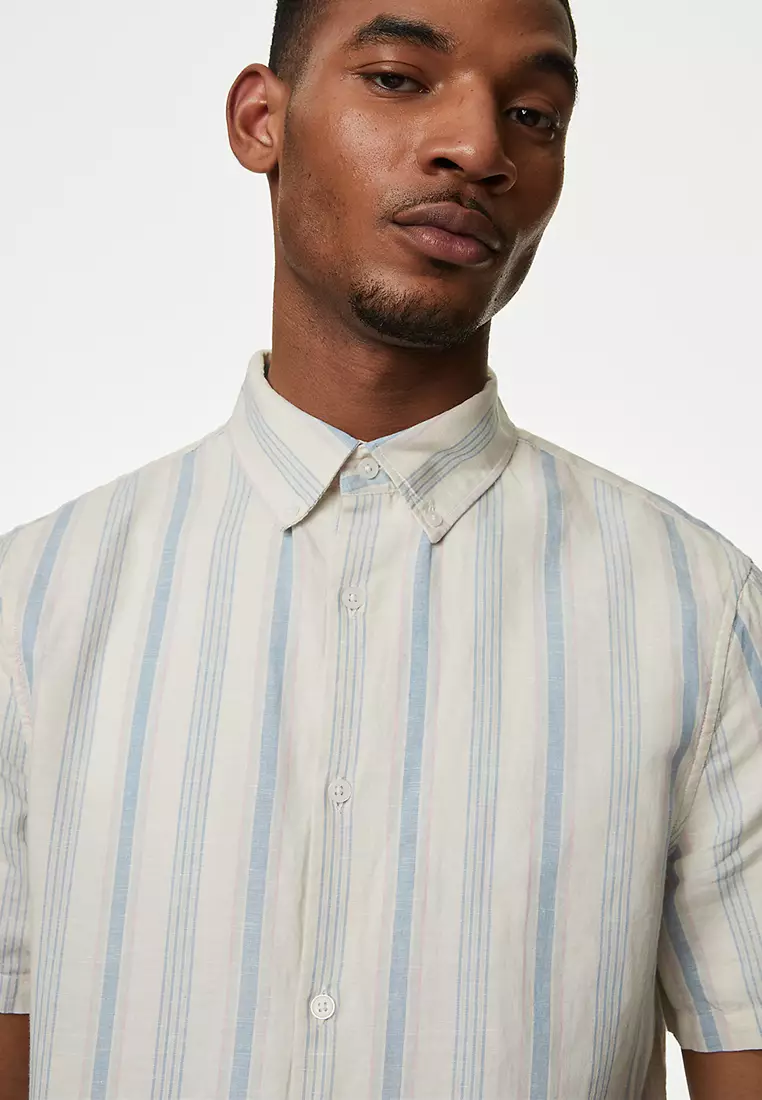 Easy Iron Cotton Linen Blend Striped Shirt
