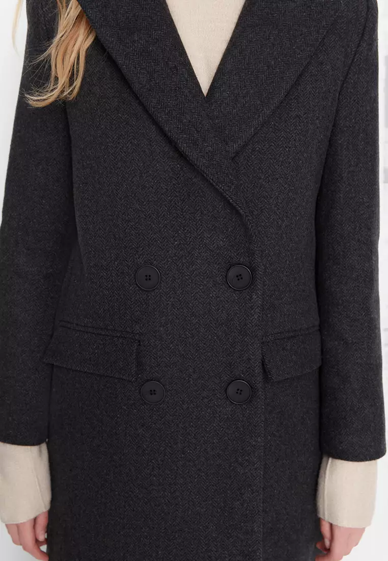 Herringbone Patterned Long Stamped Coat