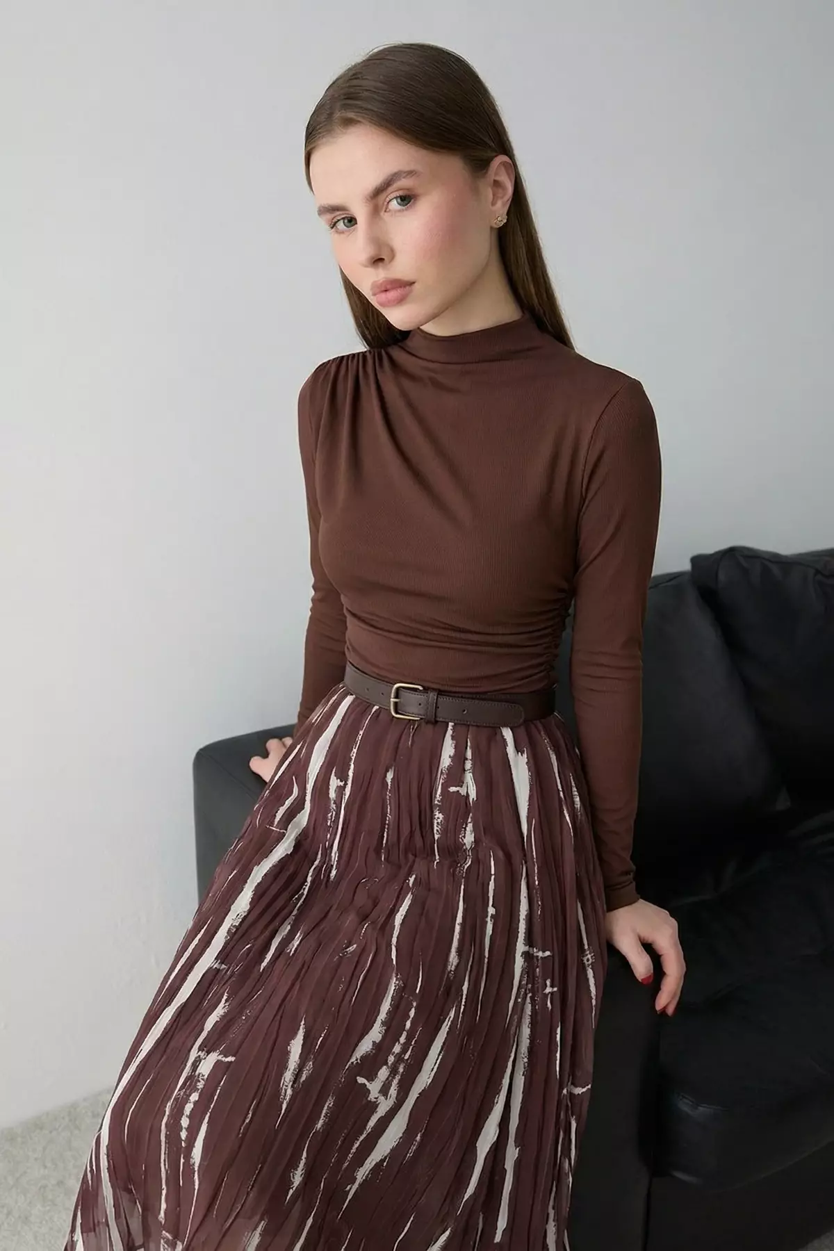 Brown Belted Lined Patterned Chiffon Skirt Tctss26Ee00030