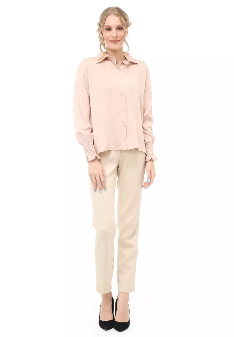 Holly Kemeja Atasan Kasual Wanita Model Lengan Karet Material Twill rayon ORIGINAL - Milk Brown
