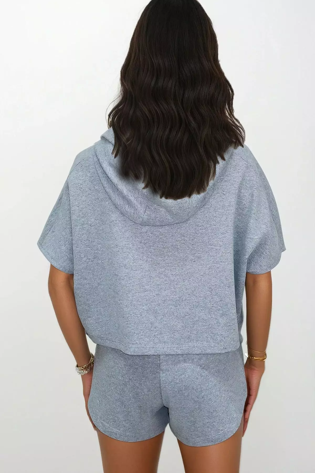 Women's Gray Hooded Crop Sweatshirt And Shorts Set Alc-760-001-Tk