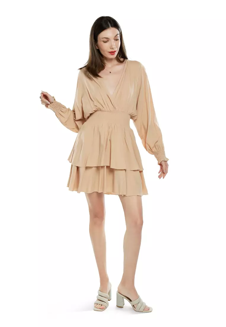 Beige Long Lantern Sleeves Dress