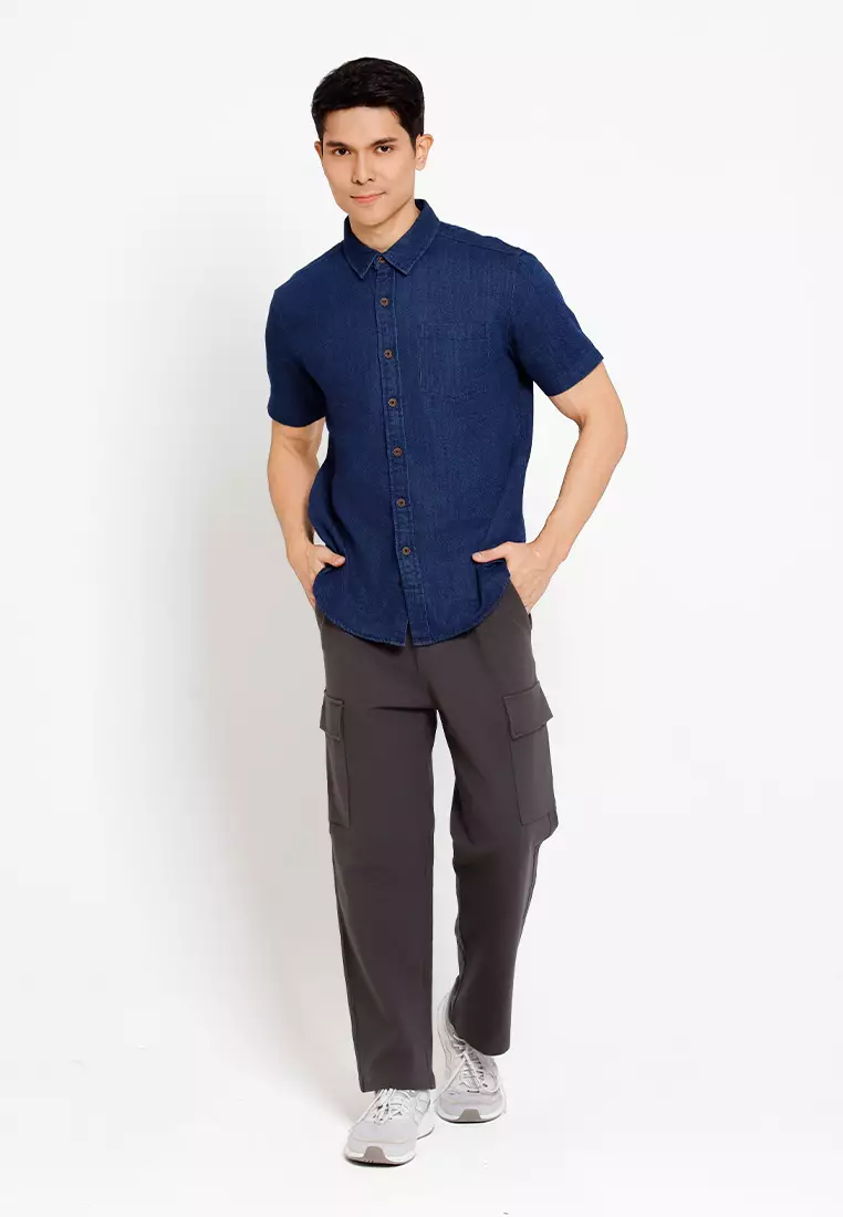 Forest Woven Regular Fit Printed Collar Short Sleeve Men Shirt | Baju Kemeja Lelaki - 621446-33Navy