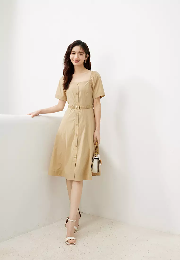 Plain Puff Sleeve Square Neck Midi Dress with Elastic Belt