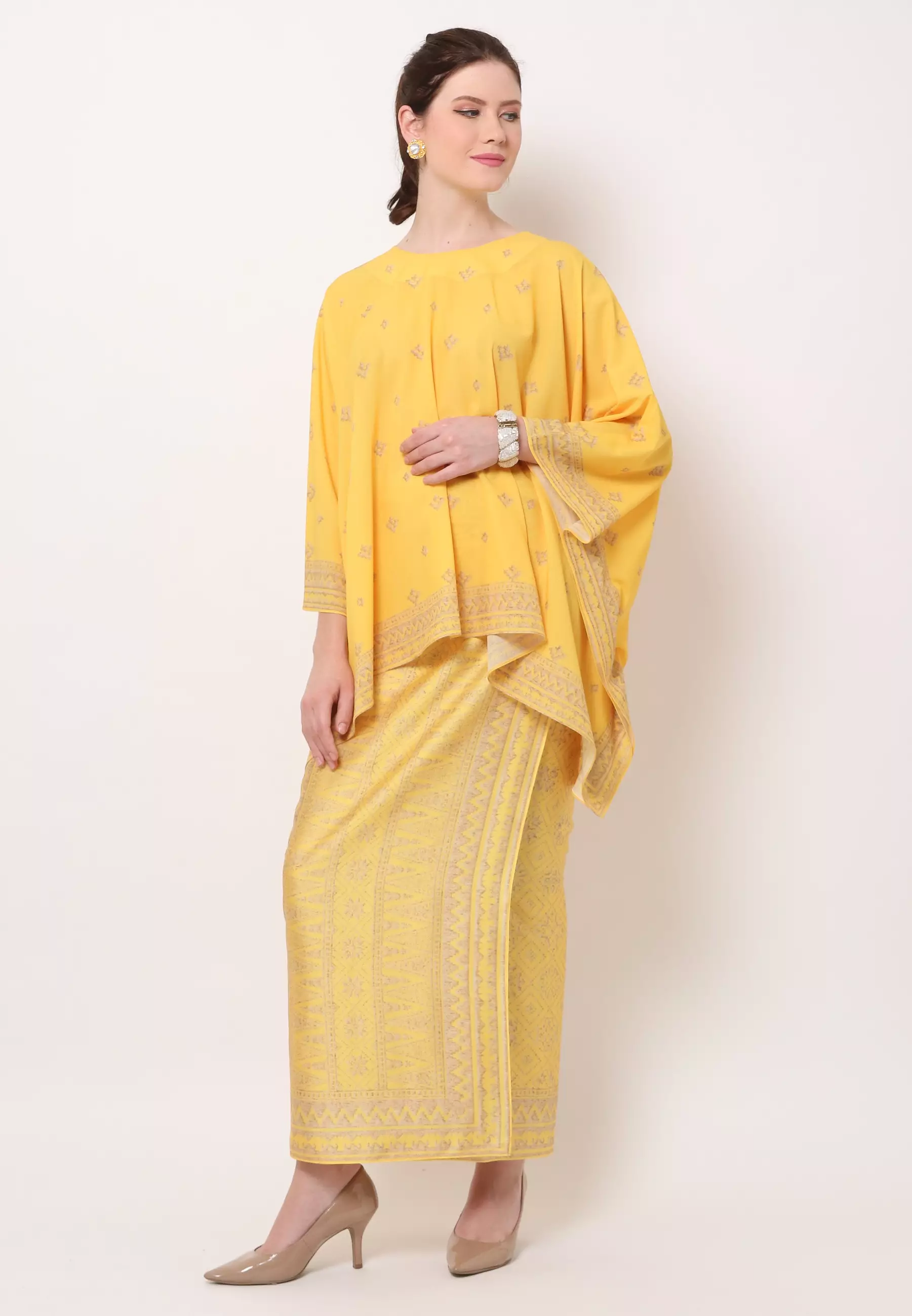 Kanzi Collection Songket R-Neck Yellow Sarong Set