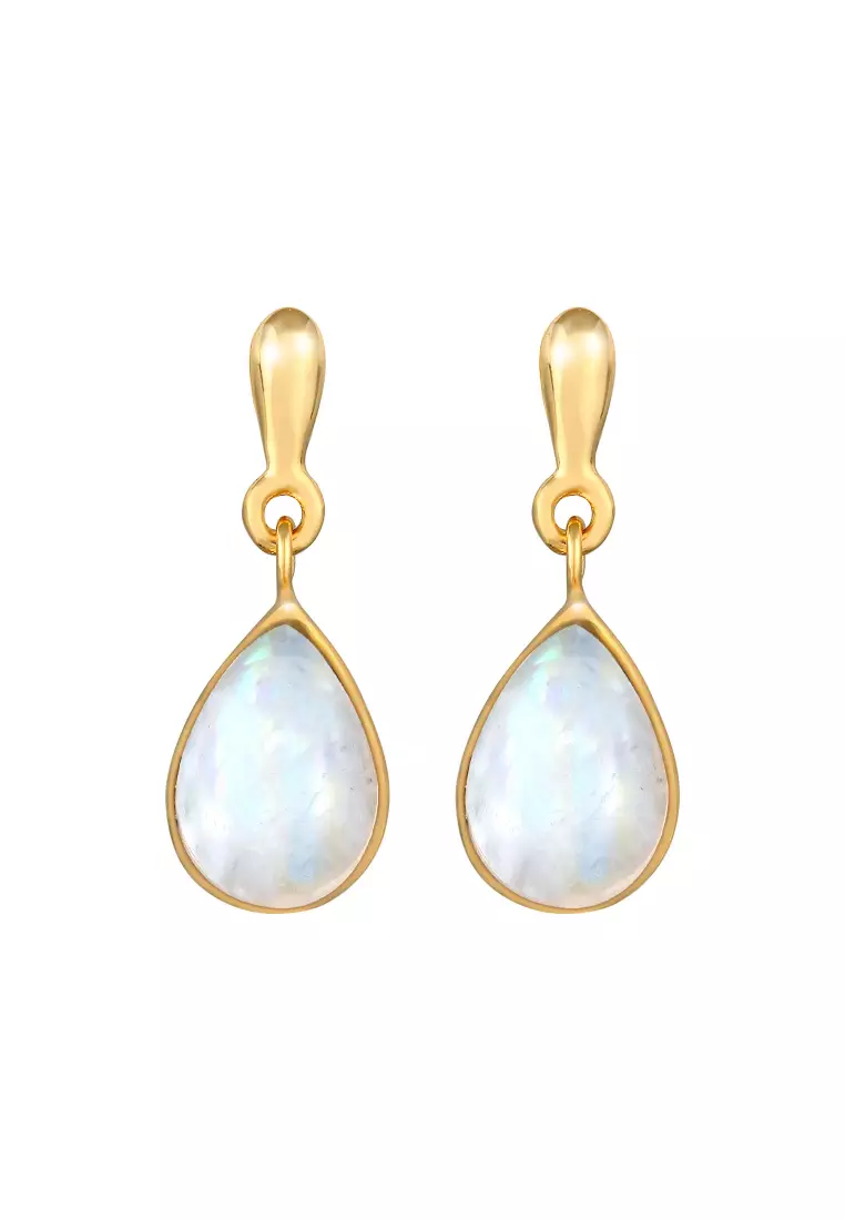 Anting Perhiasan Perak 925 Wanita Ear Hanger Drop Elegant Moonstone Gold Plated