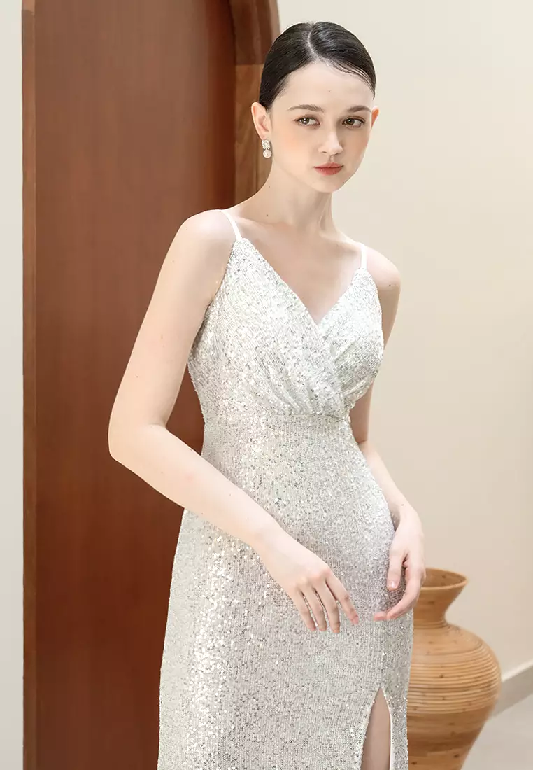 BEBEBEIGE BebeBeige V Neckline Sequins Maxi Gown Long Dinner Dress