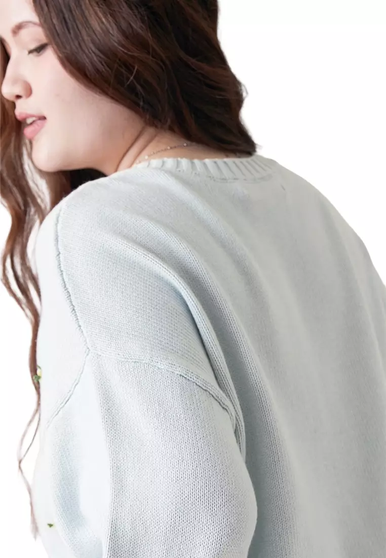 Chunky Knit Cardigan With Flower Patches