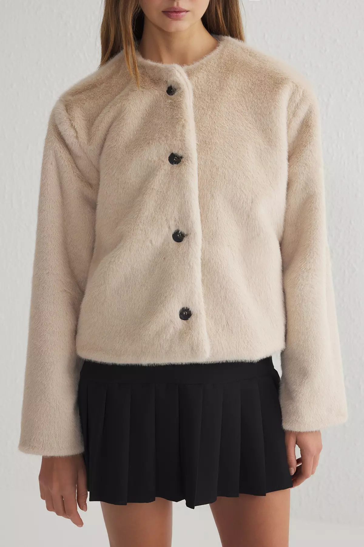 Ecru Regular Fur Jacket Coat TWOSS25MO00033