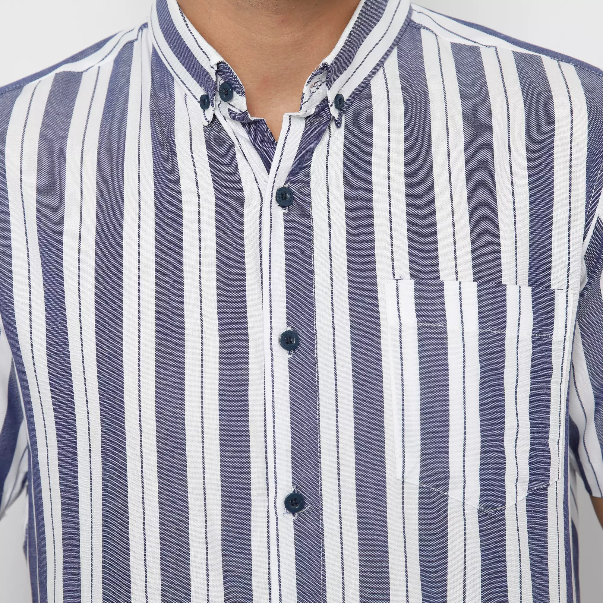 Platini Kemeja Garis Pria Lengan Pendek Katun Yarndyed 73323 Biru