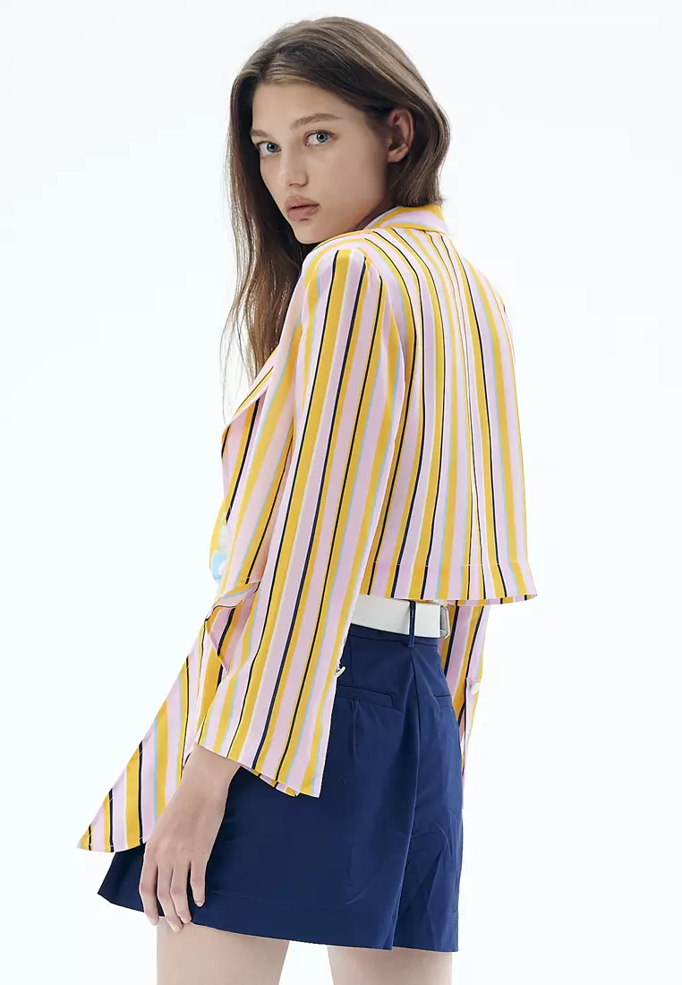 Summer Stripe Print Front Tie Knot Crop Outerwear
