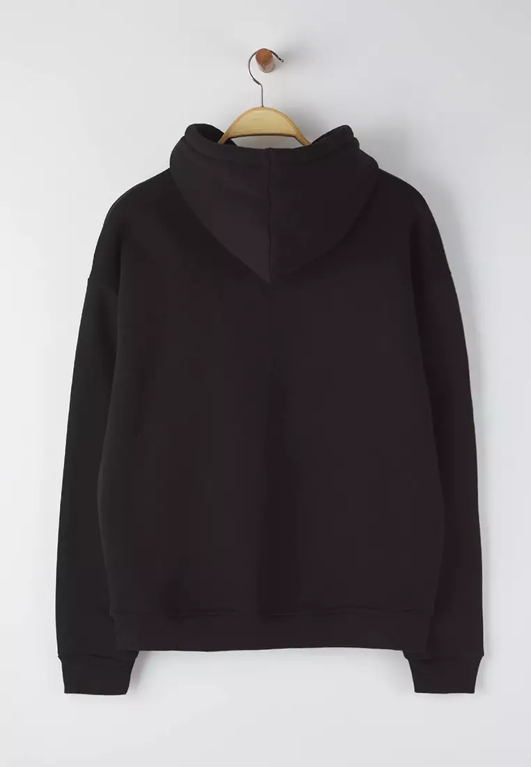 Black Basic Oversize/Wide Cut Hooded Fleece/Warm Sweatshirt