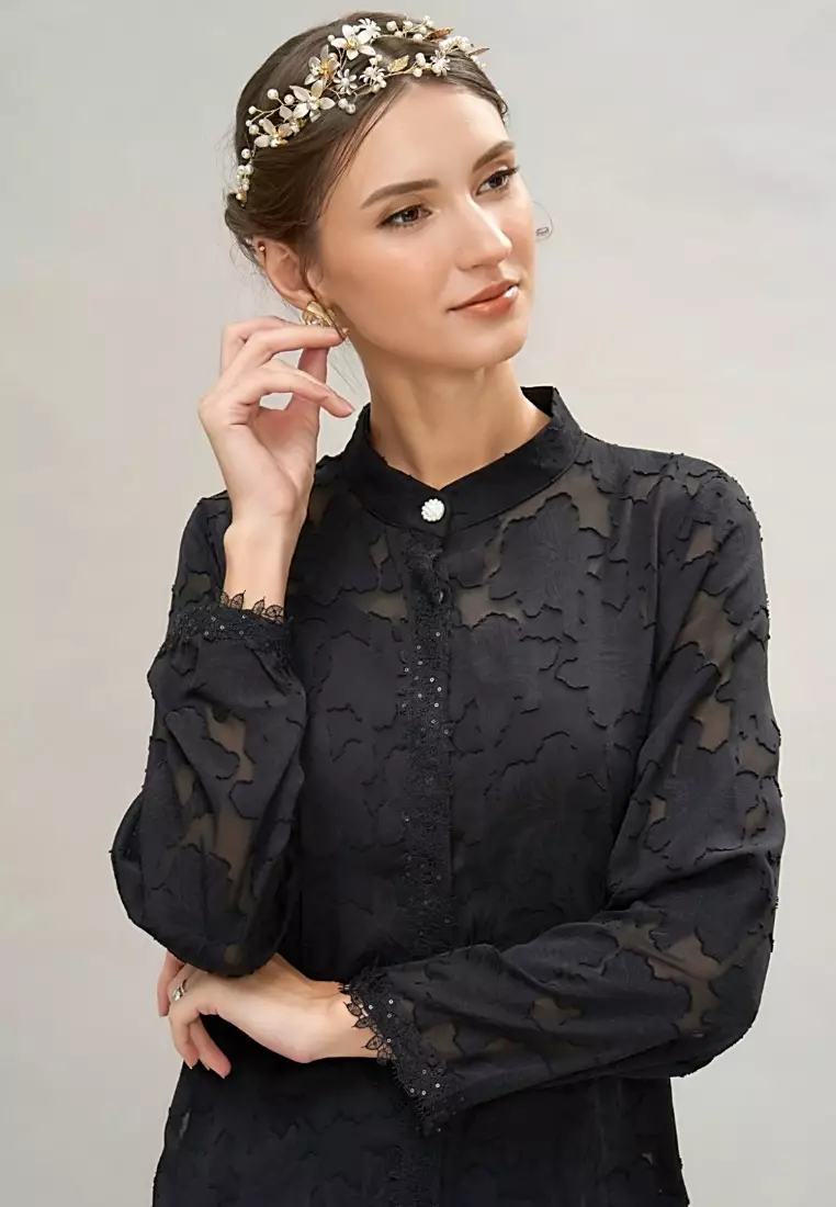 Black Premium Chiffon high neck Top & Maroon Batik Pleated Wrap Skirt