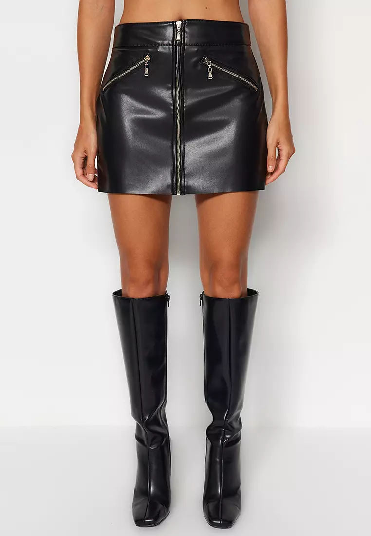 Faux Leather Zipper Skirt