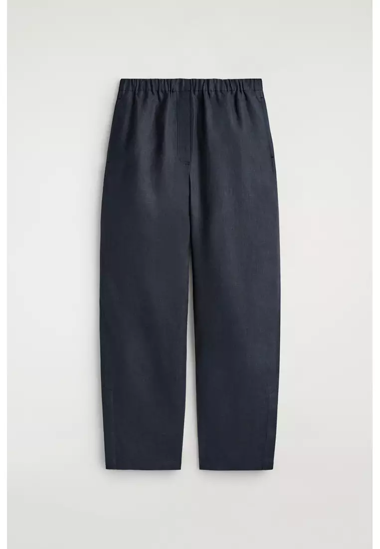 ELASTICATED LINEN BARREL-LEG TROUSERS