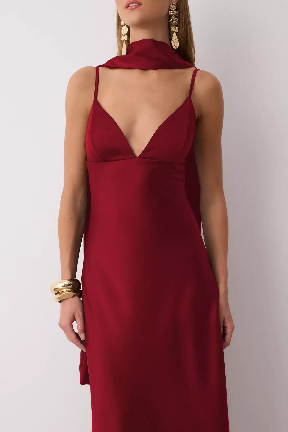 Red Shawl Detailed Satin Woven Maxi Evening Night Graduation Dress