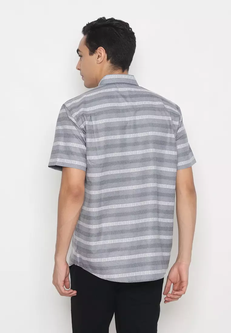 POLICE Kemeja Salur Printing Biru Abu Regular Fit Pria