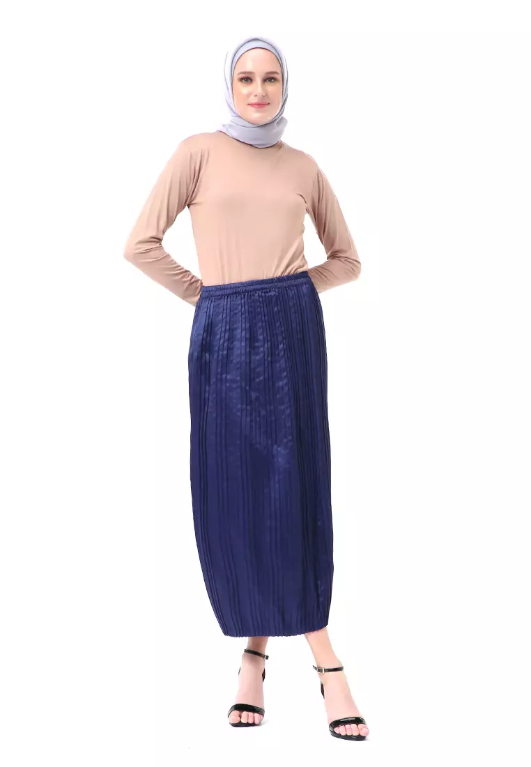 Angely Rok Plisket Rubbery Waist Fashion Wanita Simple - Navy