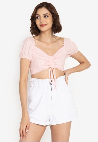 ZALORA BASICS pink Broderie Ruched Front Crop Top 40A72AA1847E0FGS_1
