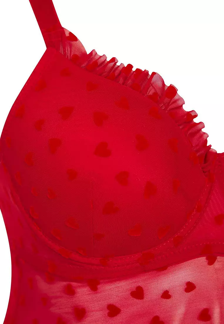 Red Fixed Covered Adjustable Strap Flocked Heart Pattern Plus Size Babydoll Tbbss25Dh00000