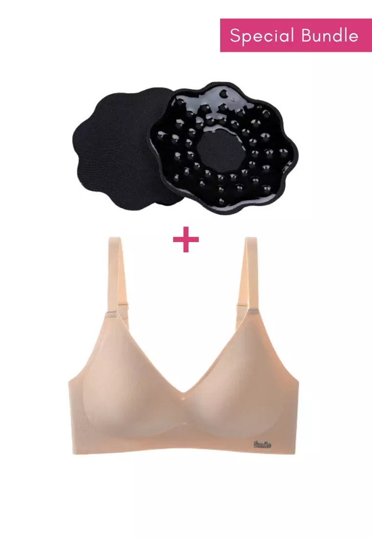 Special Bundle Premium Melanie Seamless Wireless Padded Support Bra in Nude and Nipple Cover Pads Flower in Black
