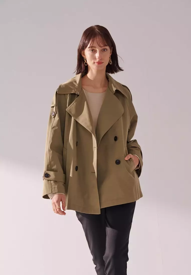 草綠中長版風衣外套