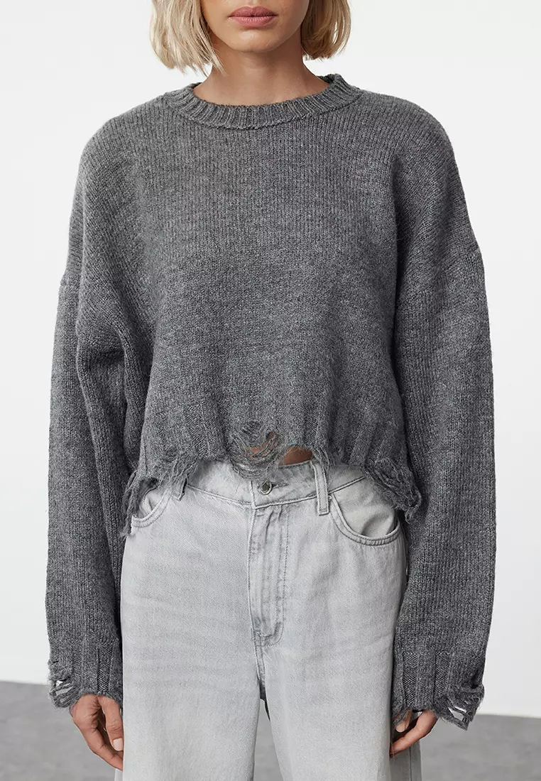 Anthracite Crop Super Wide Pattern Soft Texture Knit Sweater TWOAW24KZ00319