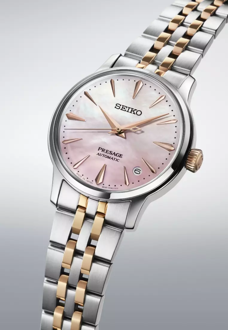 Seiko Presage Cocktail Time ‘Sakura Aviation’ Limited Edition Mother-Of-Pearl Dial Two-Tone Stainless Steel Band SRPM06J1