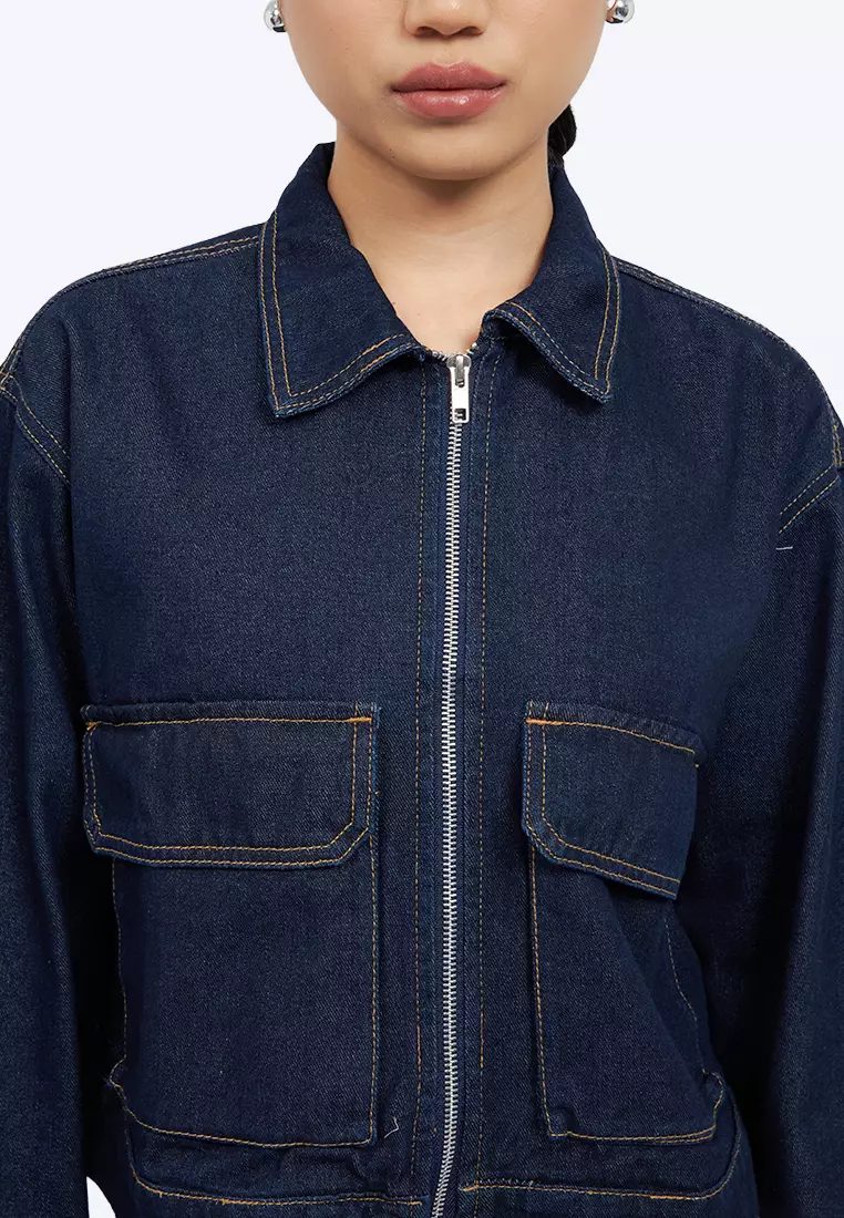 Double Pocket Zip Up Denim Jacket