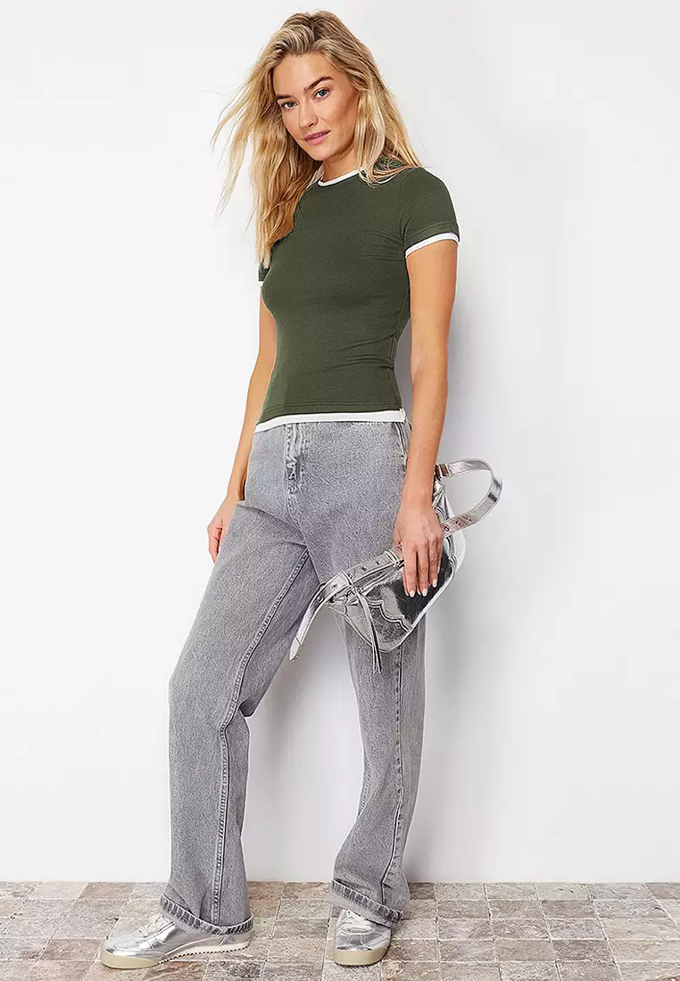 Khaki/Soft Fabric Color Block Stretchy Knitted T-Shirt