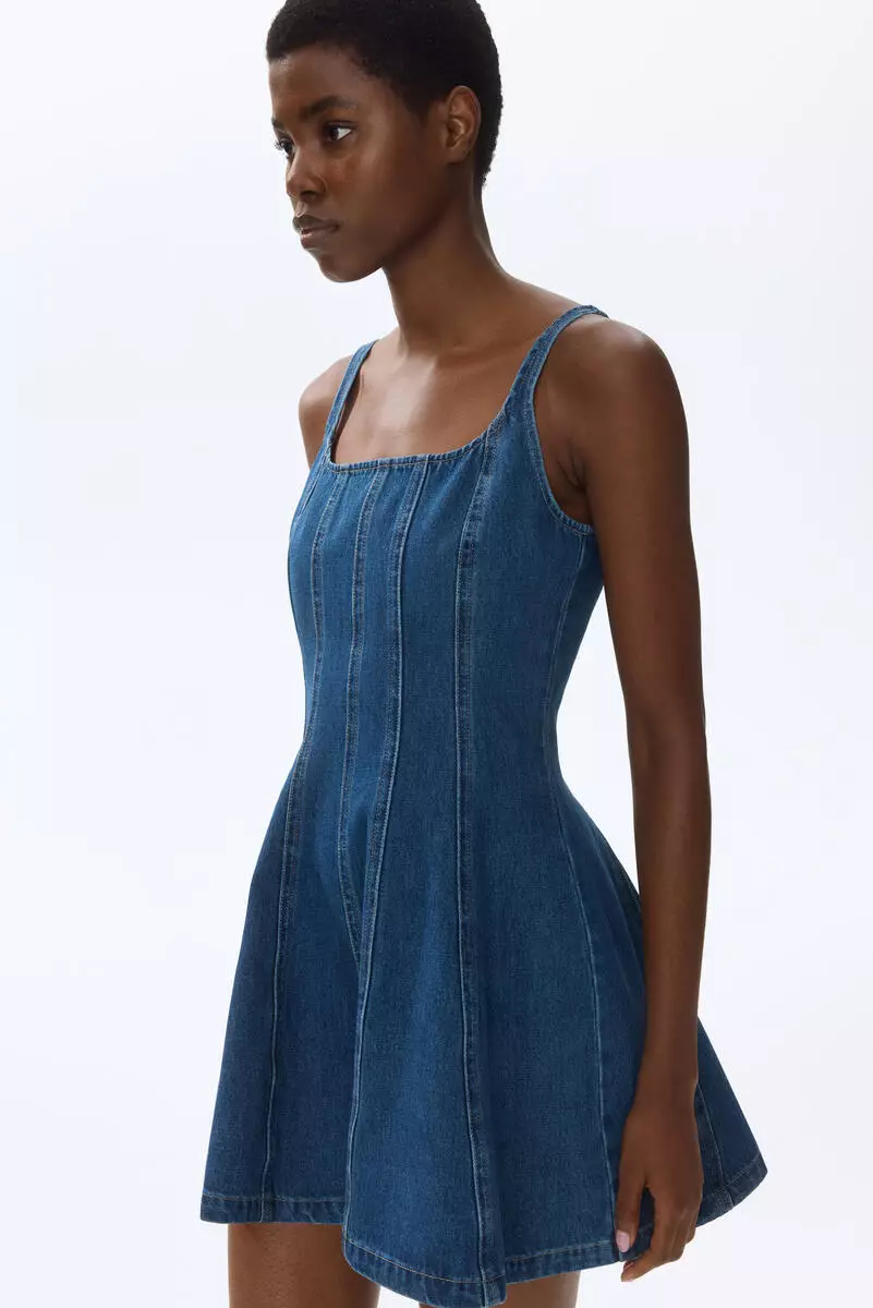 Flared-skirt denim dress