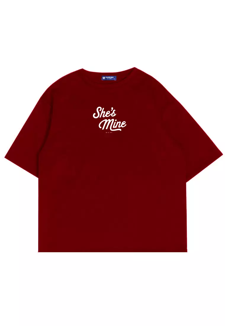MTU20 kaos couple pasangan oversize bahan tebal scubalux "she's mine" merah maroon