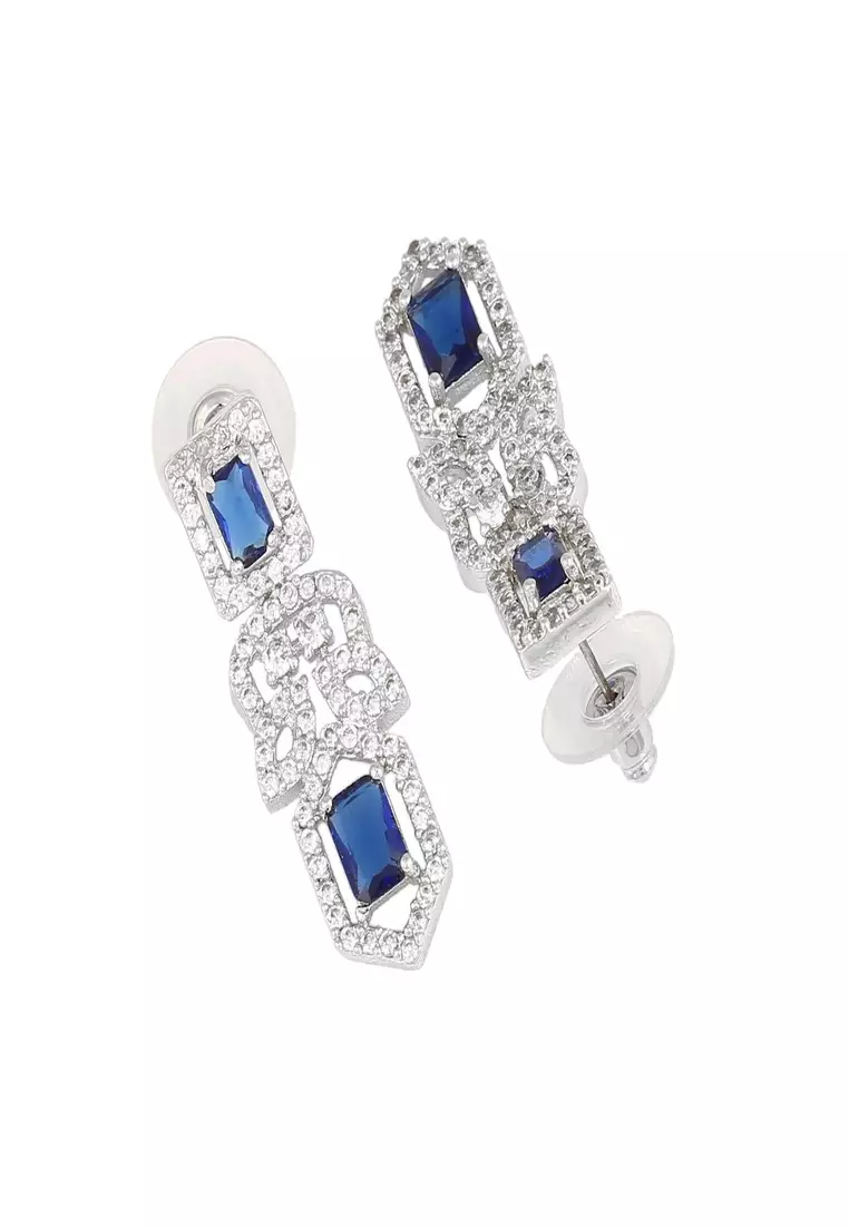 Estele Rhodium Plated CZ Sparkling Designer Earrings With Blue Crystals For Women