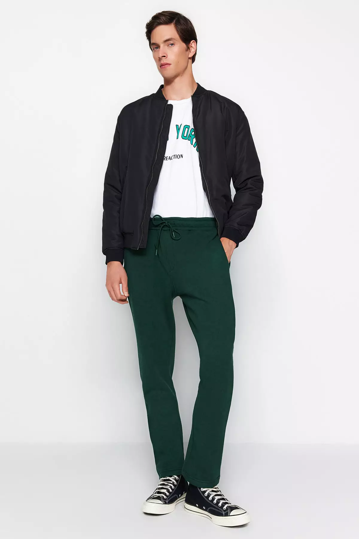 Green Regular Cut Cotton Open Leg Sweatpants