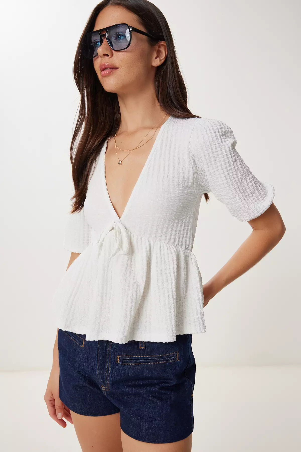 Women's Ecru Textured Flounced Flexible Crinkle Knitted Blouse Zv00338