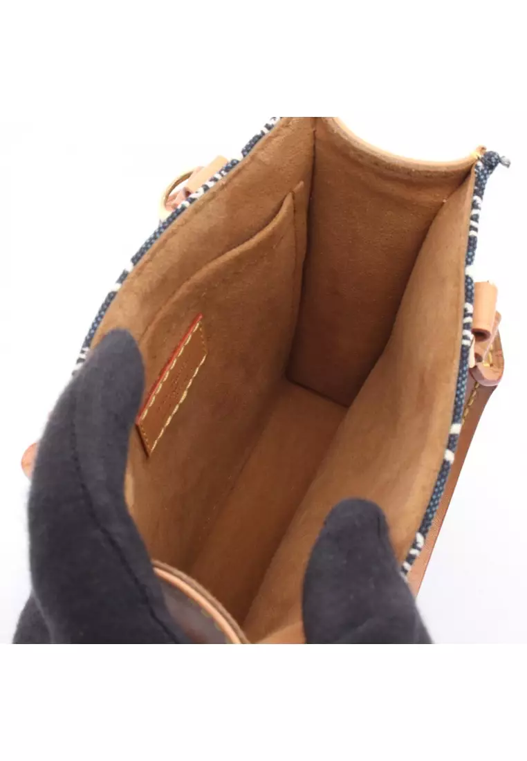 Pre-Loved Louis Vuitton Petite Sac Plat monogram jacquard Since 1854 Handbag canvas leather Navy white Brown 2WAY