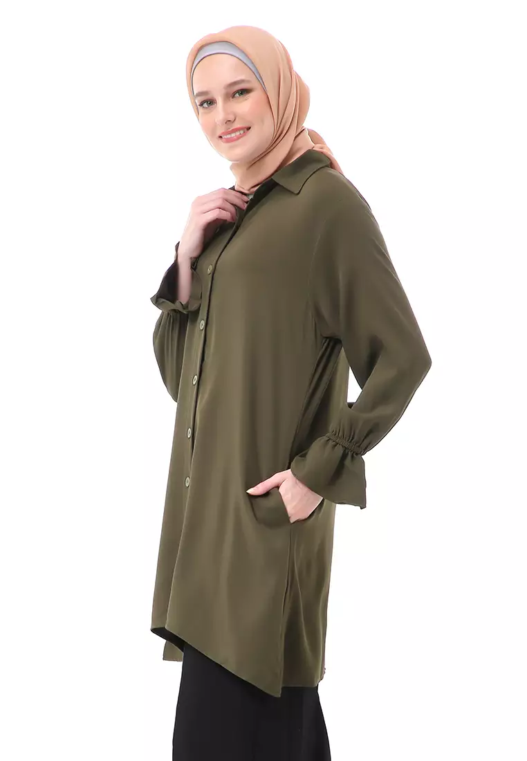 Aleina Blouse Muslimah Atasan Wanita Long Sleeve Premium High Quality - Army