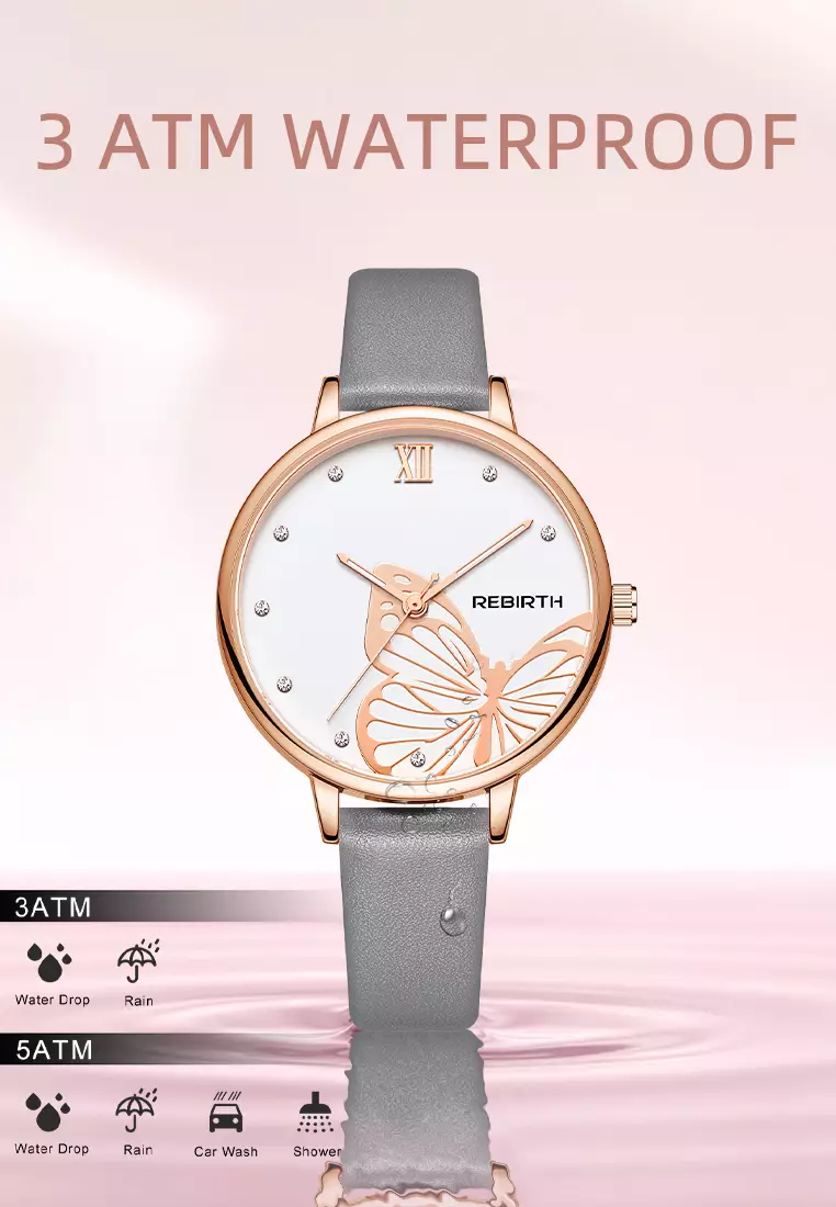 Jam Tangan Wanita Anggun Tali Kulit Display Kuarsa Tahan Air Jam Wanita Mode Jam Tangan Cewek greybutterfly