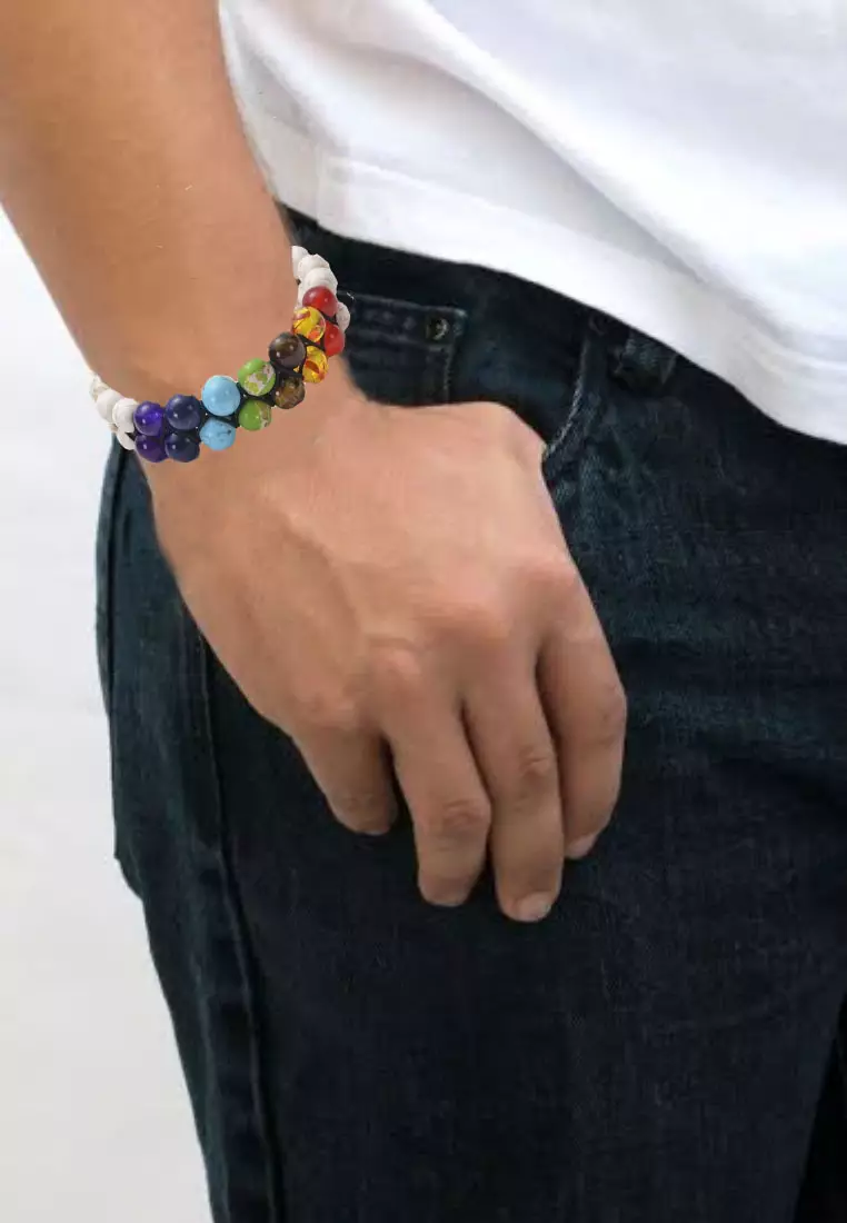 Accessories Pria Chakra Double Layer Multi Coloured Howlite Beads Macrame Bracelet Gelang Pria White & Multicolour