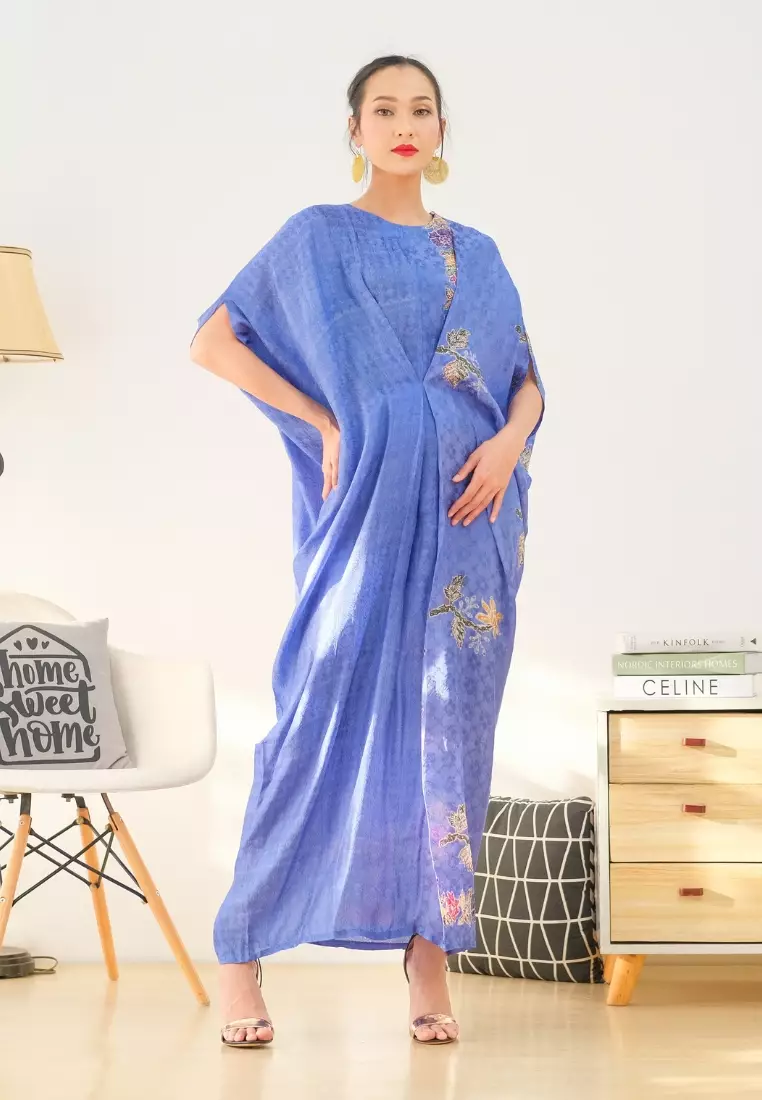 RINJANIE BATIK - Kaftan Batik Wanita - Kaftan Syariah - Biru - OOTD Lebaran - Batik Encim Peranakan Premium