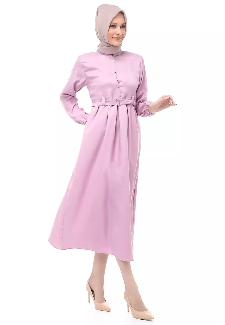 Berliana Gamis Muslimah Wanita With Belt Motif Polos Long Sleeve Relaxed Fit - Ungu Lilac