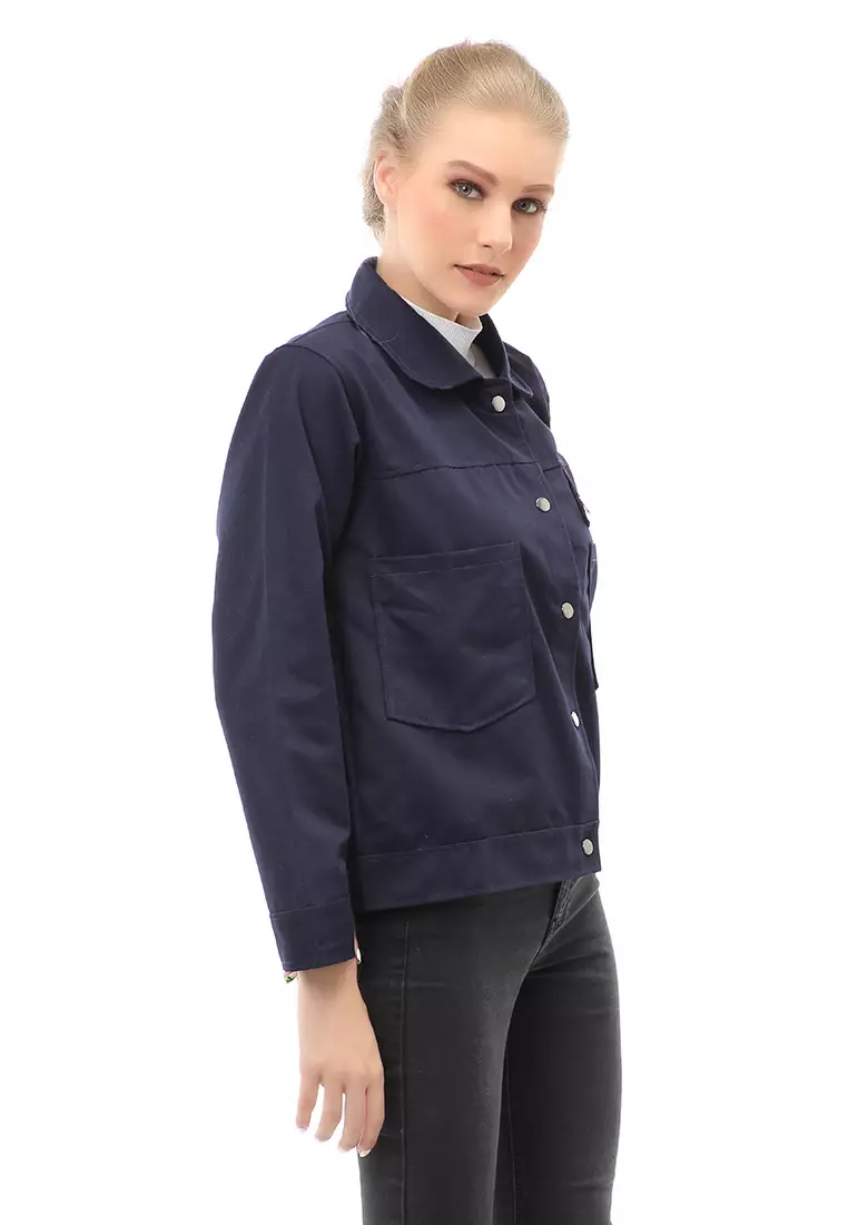 Hardwin Jacket Outer Wanita Jaket Pocket Zippy Material Baby Canvas ORIGINAL - Navy
